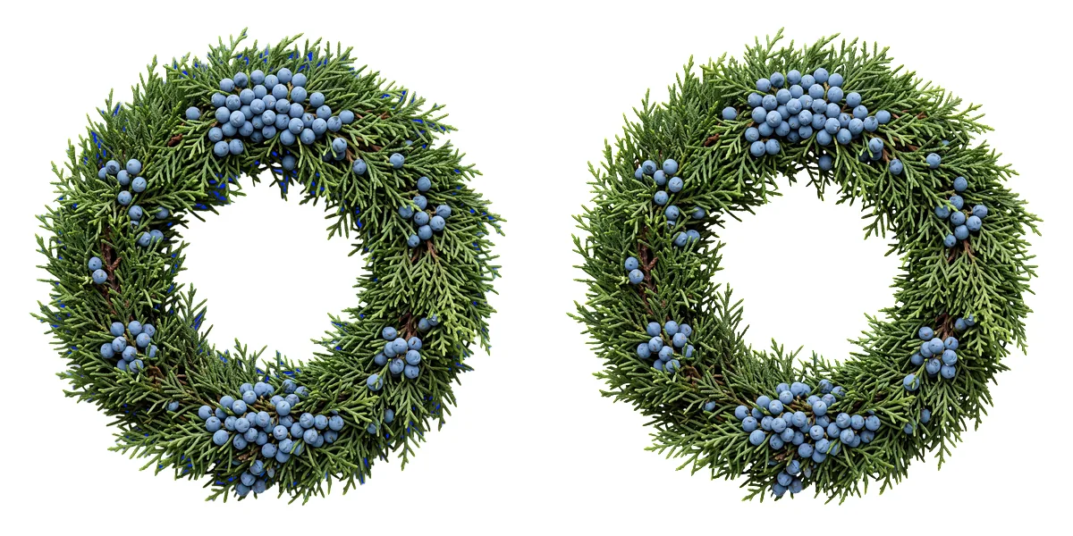Juniper wreath with blue berries: the birefnet-general cut on the left, the ClipBrook cut on the right, both on white at reduced size